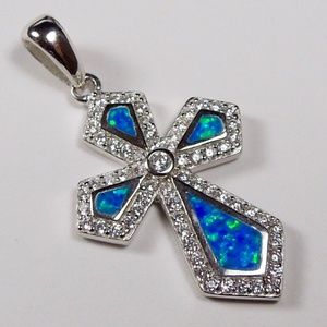 Blue Fire Opal Sterling Silver Cross Pendant